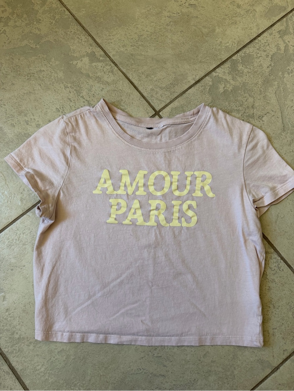 Amour Paris Graphic Tee - Light Pink with Yellow Text